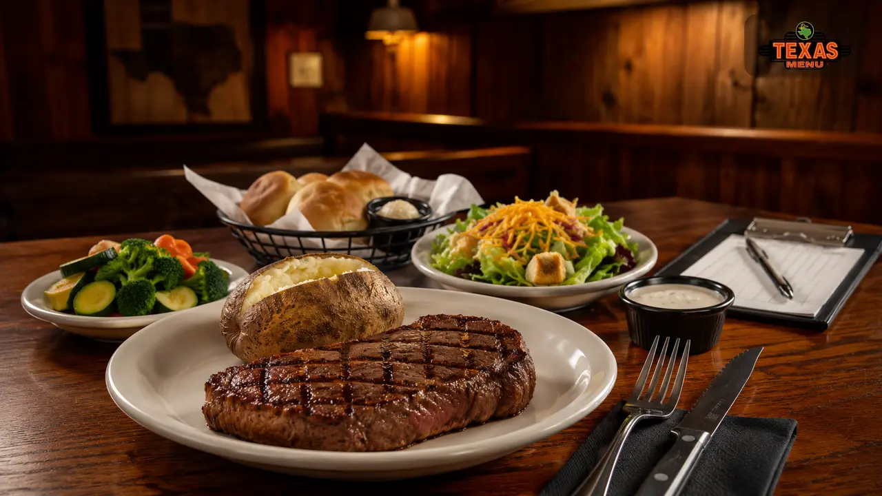 Texas Roadhouse allergen-friendly meal with plain steak, baked potato, salad, and steamed vegetables on a restaurant table.
