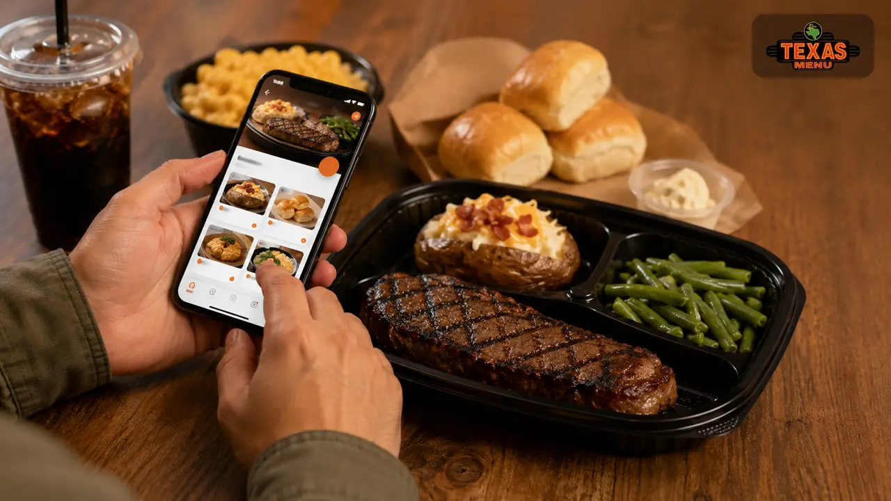 Person using the Texas Roadhouse app on a smartphone beside a takeout meal and rolls on a table.