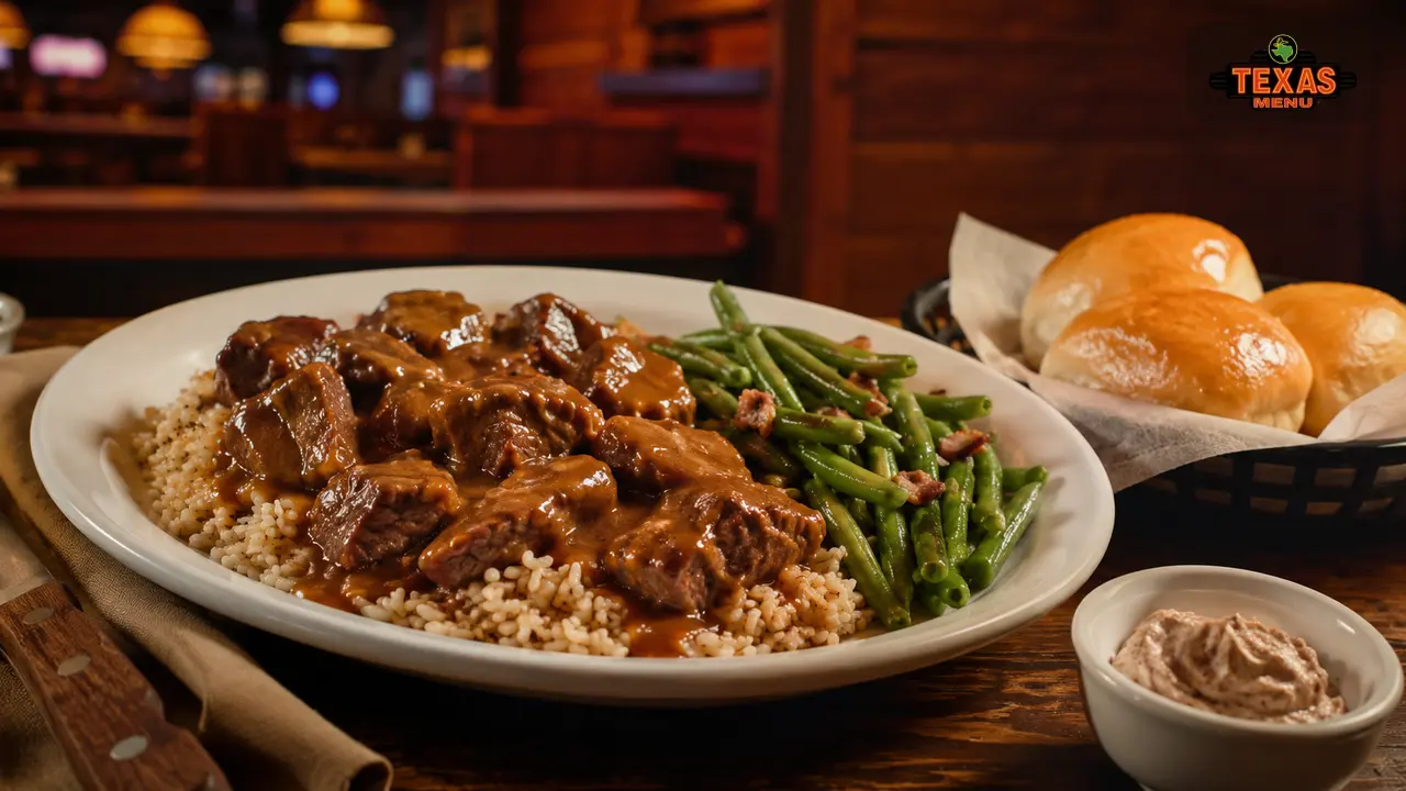 Texas Roadhouse beef tips with gravy, rice or mashed potatoes, vegetables, and rolls on a restaurant table.