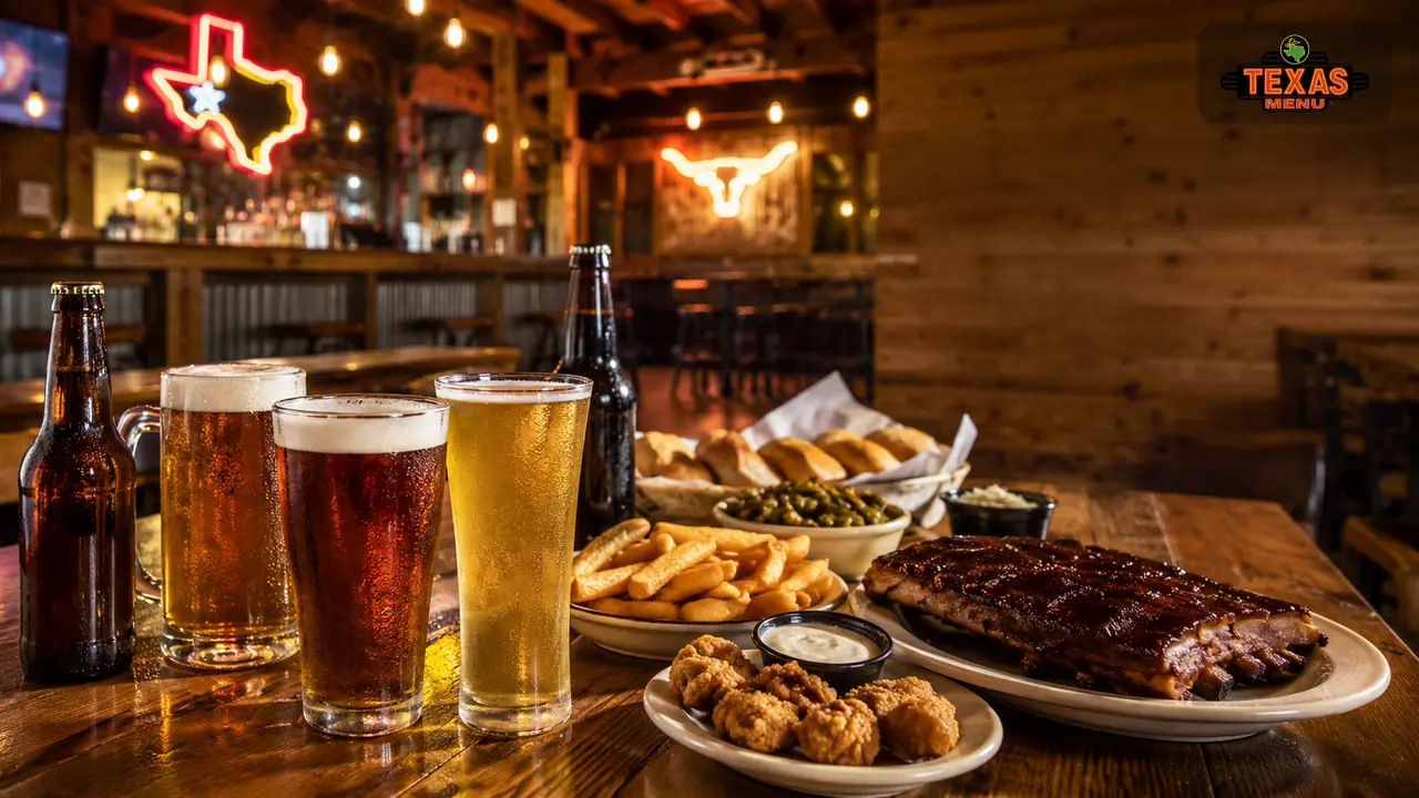 Texas Roadhouse beer menu with draft beer, bottled beer, and steakhouse food on a rustic bar table.