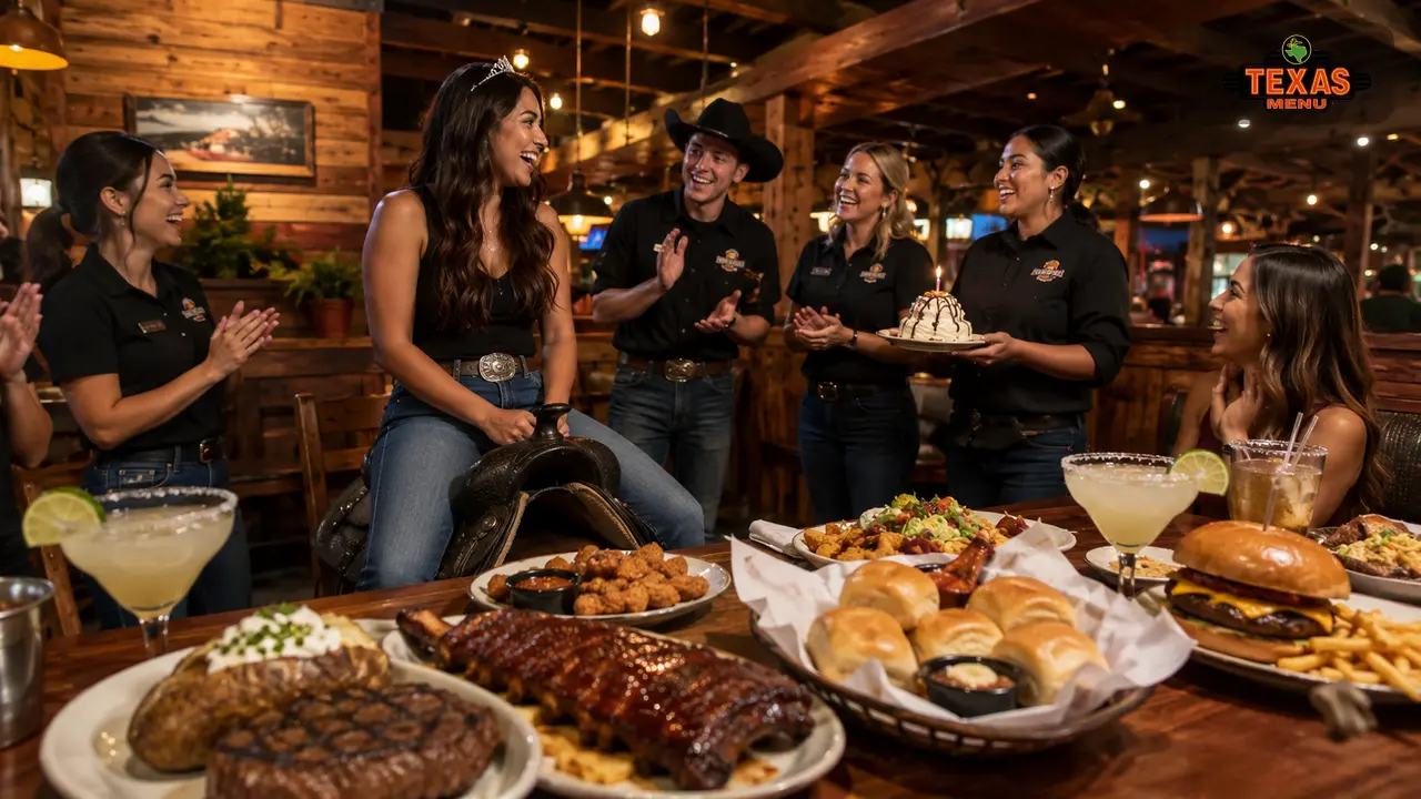 Texas Roadhouse birthday celebration with saddle ride, steak dinner, margaritas, appetizers, and birthday guests in a rustic steakhouse atmosphere