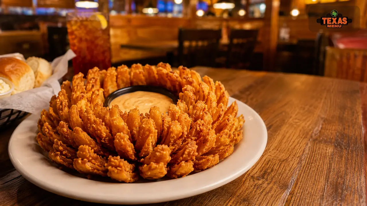 Texas Roadhouse Cactus Blossom appetizer with crispy onion petals and dipping sauce on a rustic table.