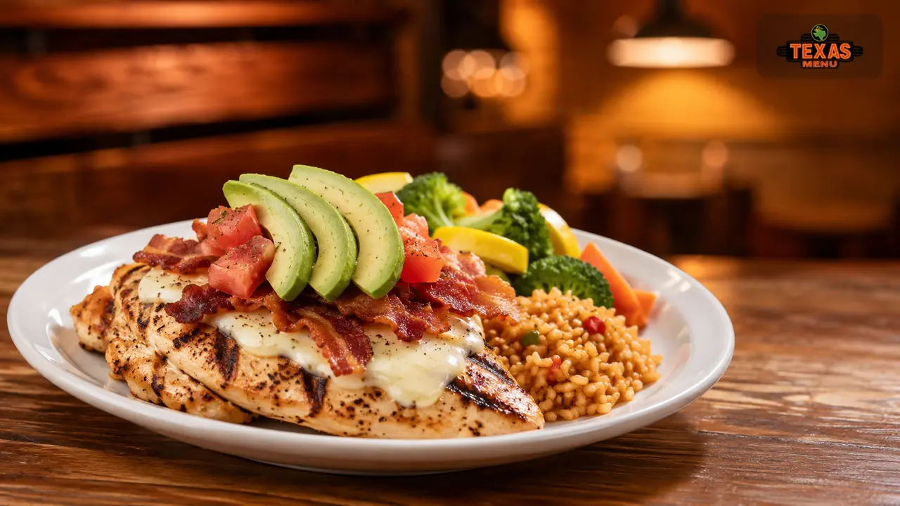 Texas Roadhouse California Chicken with avocado, bacon, vegetables, and rice on a restaurant table.