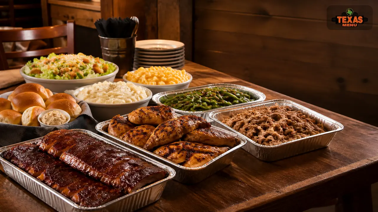 Texas Roadhouse catering menu spread with meats, sides, and bread for a group event