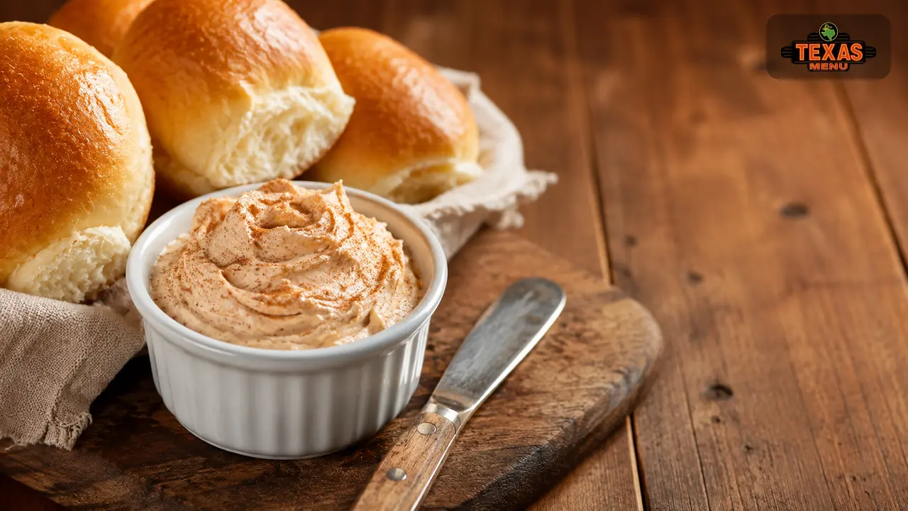 Texas Roadhouse-style cinnamon butter in a ramekin with warm dinner rolls on a rustic table.