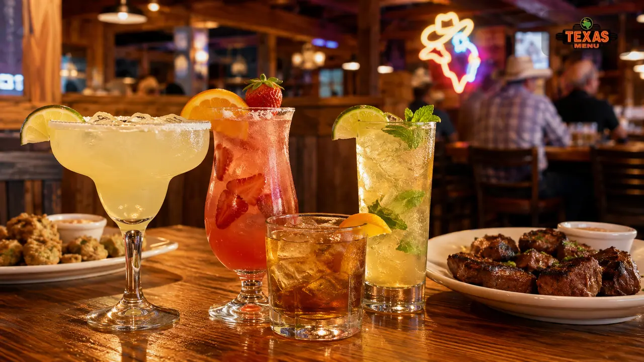 Texas Roadhouse cocktails with margaritas, mixed drinks, and garnished glasses on a rustic bar table.