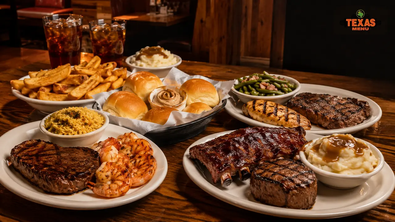 Texas Roadhouse combo meals with steak, ribs, shrimp, chicken, sides, and rolls on a rustic dining table.