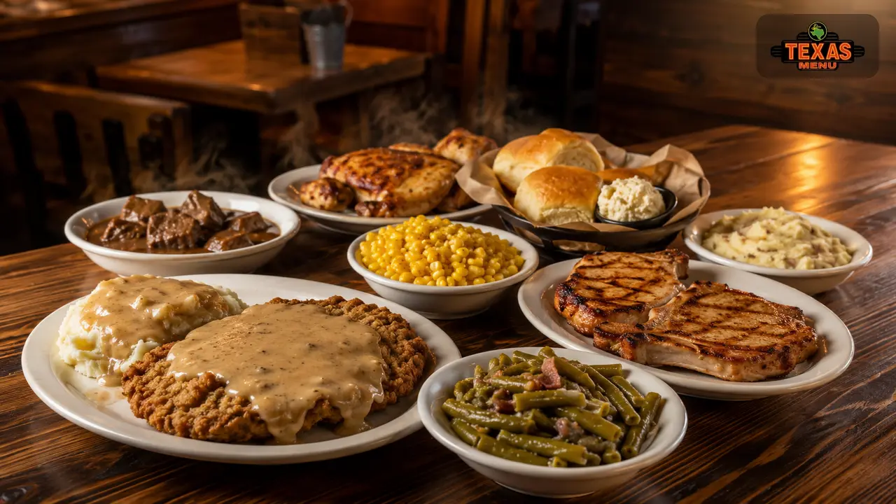 Texas Roadhouse country dinners with country fried steak, pork chops, chicken, mashed potatoes, vegetables, and rolls.
