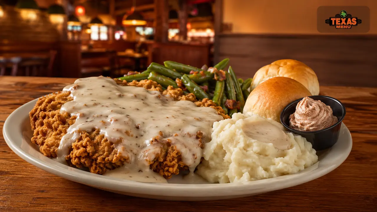Texas Roadhouse country fried chicken with gravy, mashed potatoes, vegetables, and rolls on a rustic table.