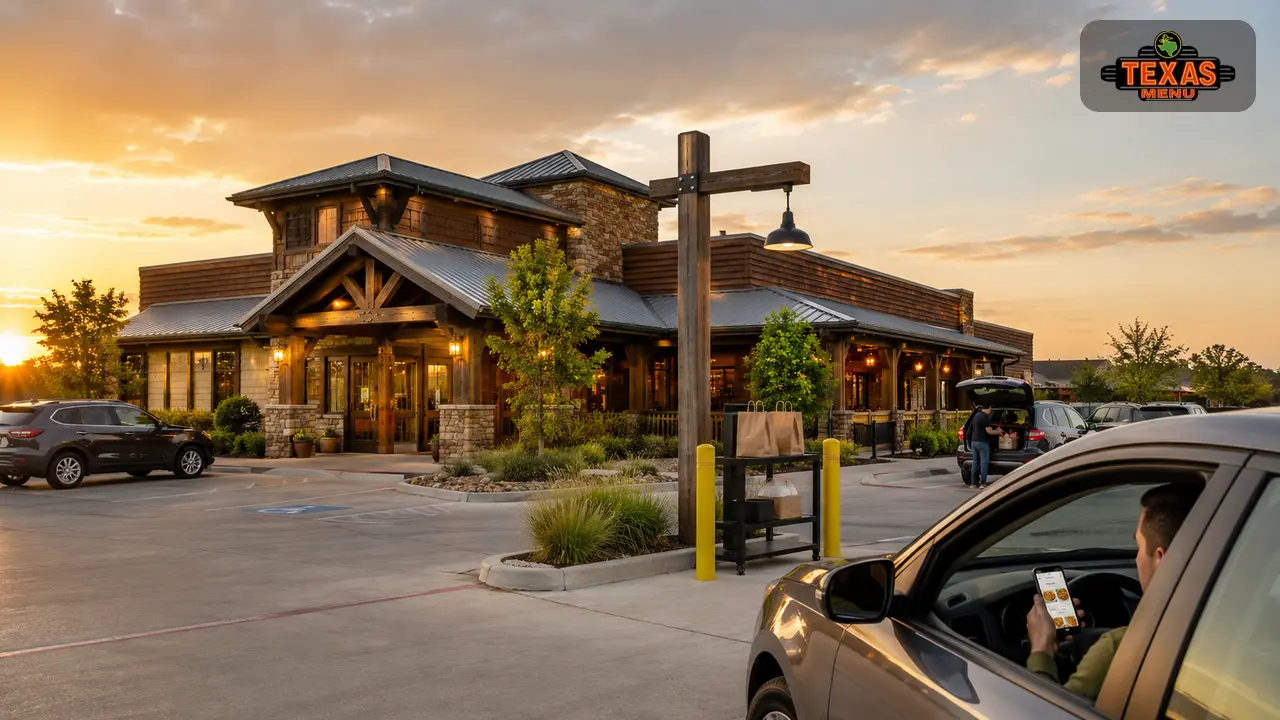 Texas Roadhouse restaurant exterior with a car in the pickup area as a customer checks ordering options.