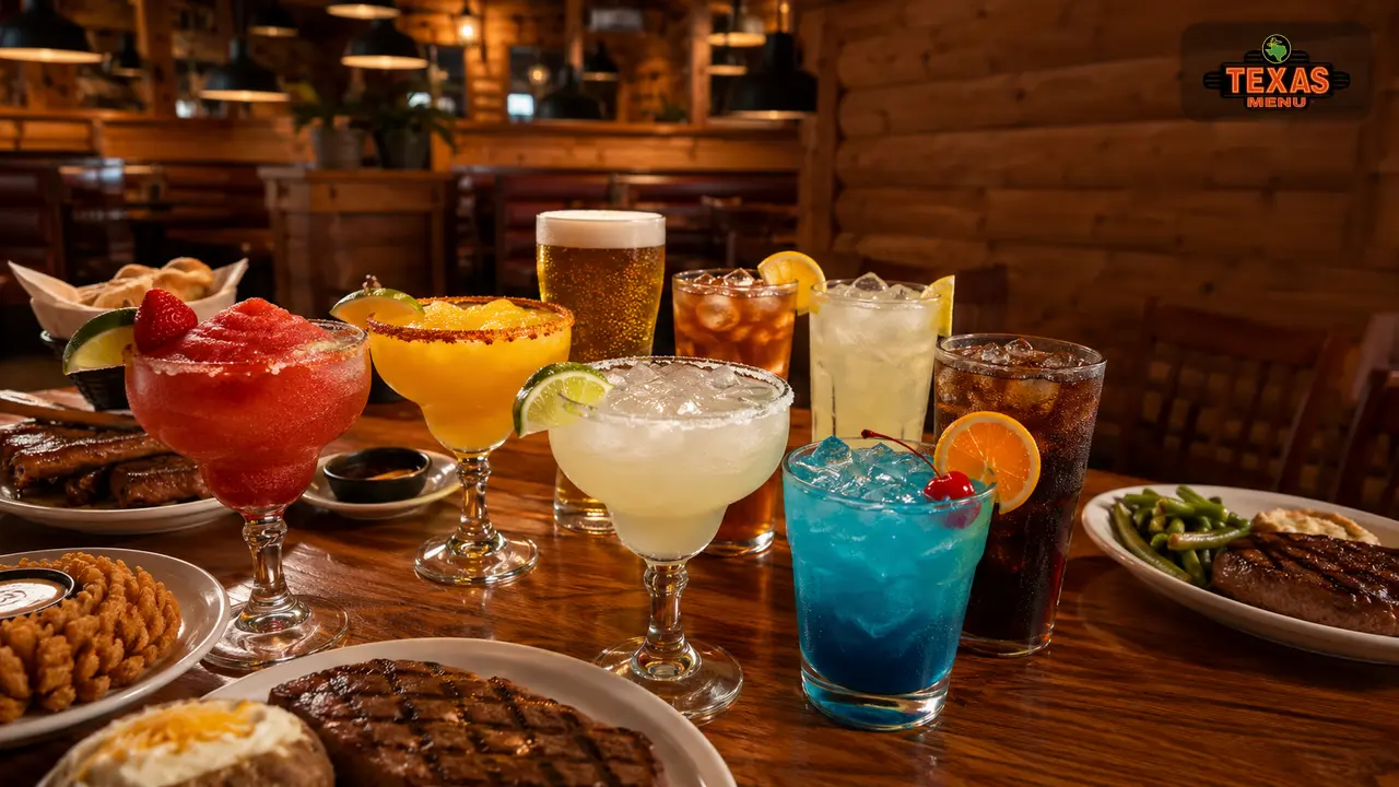 Texas Roadhouse drinks menu with margaritas, cocktails, beer, lemonade, sweet tea, and steakhouse dinner drinks on a rustic restaurant table.