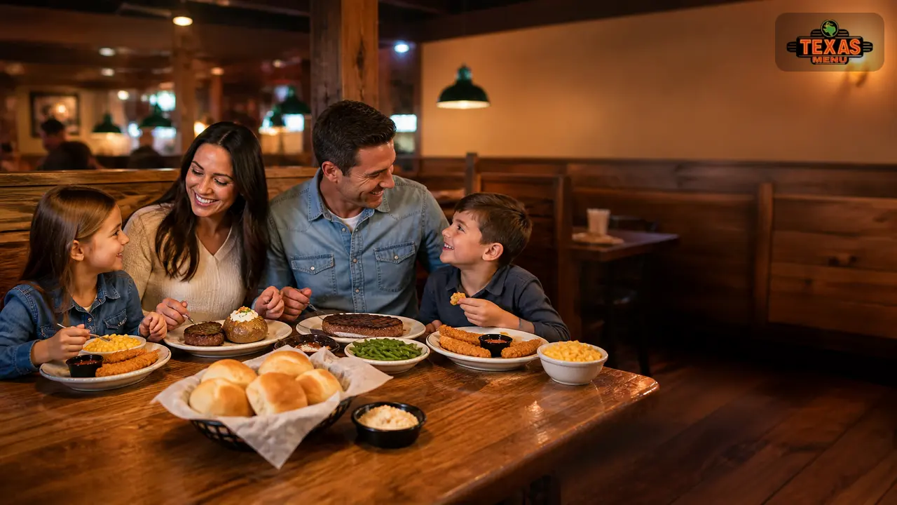 Family enjoying a Texas Roadhouse kids eat free night at a restaurant table
