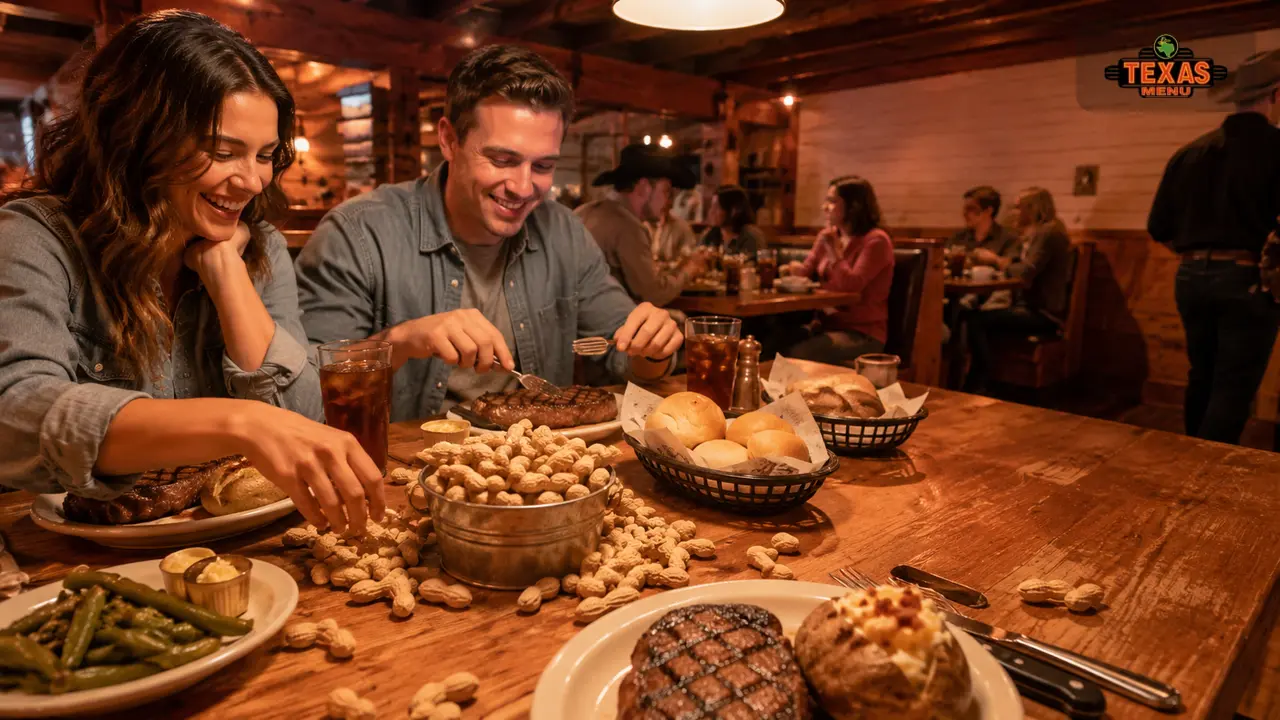 Texas Roadhouse table with free peanuts, steak dinners, drinks, and rustic steakhouse atmosphere.