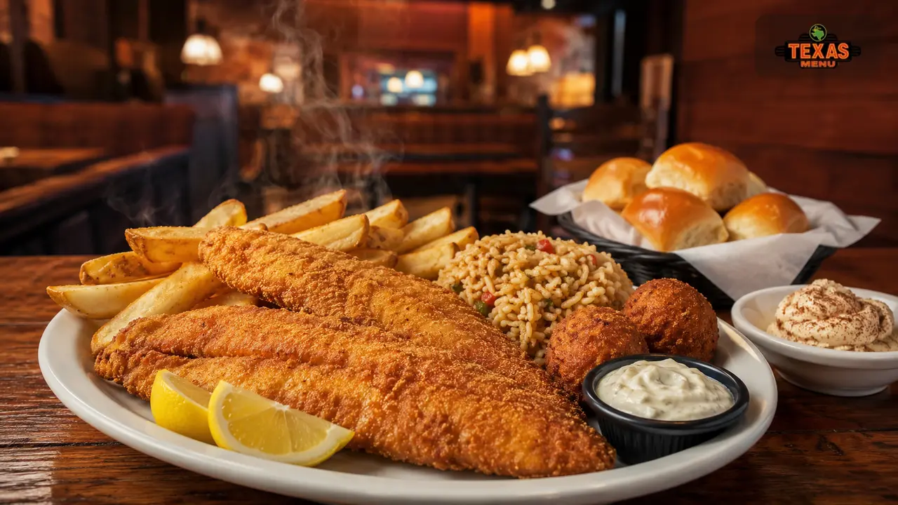 Texas Roadhouse fried catfish platter with fries, rice, tartar sauce, lemon, and fresh rolls on a rustic table.Texas Roadhouse fried catfish platter with fries, rice, tartar sauce, lemon, and fresh rolls on a rustic table.