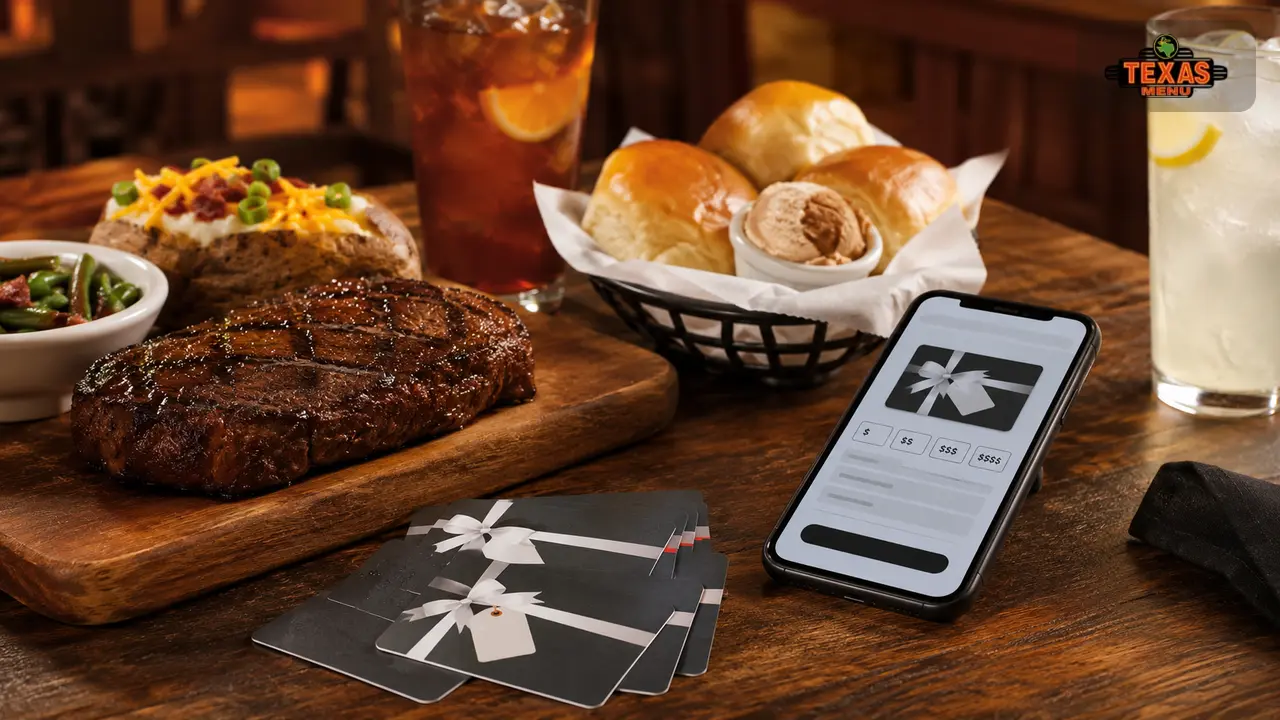 Texas Roadhouse gift cards beside a steak dinner, rolls, and smartphone on a rustic restaurant table.