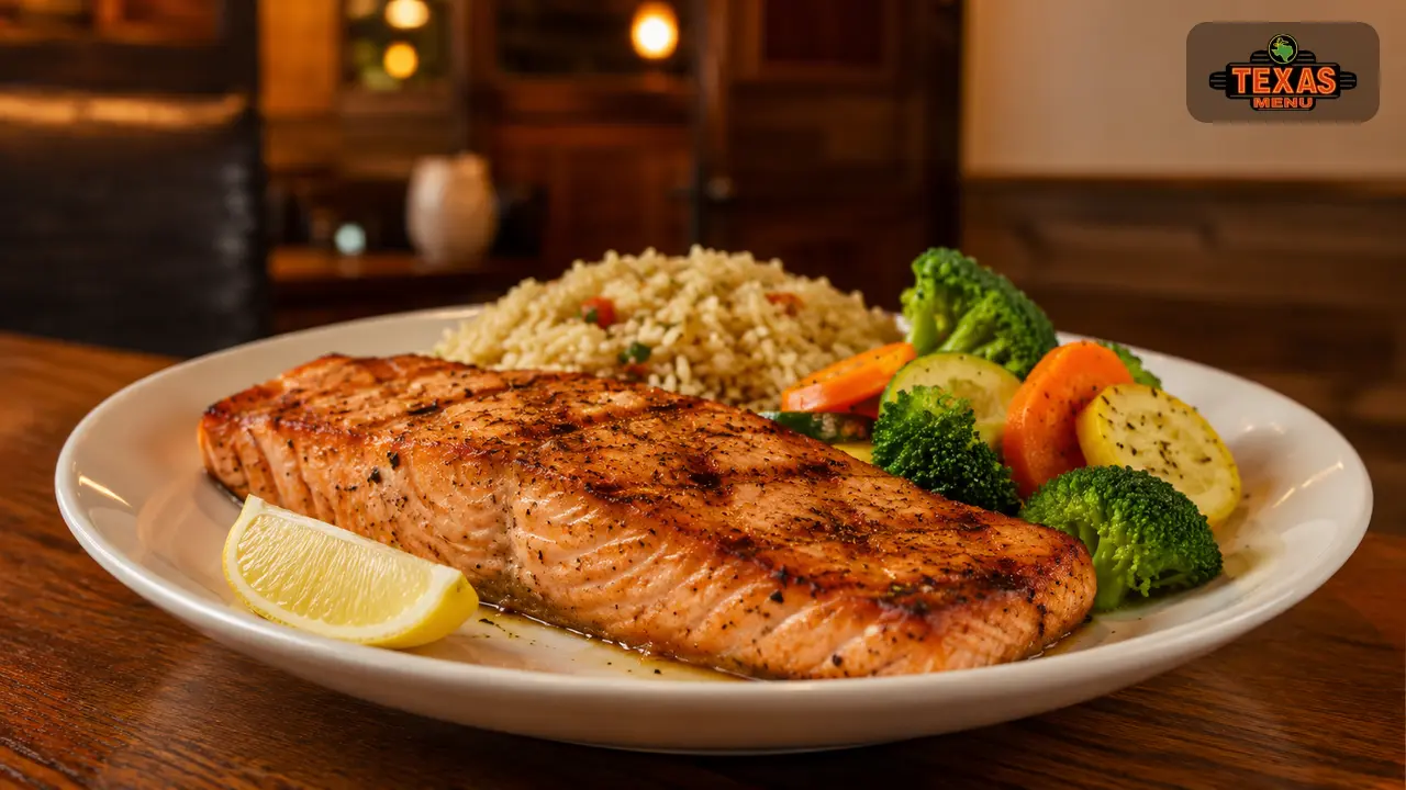 Texas Roadhouse grilled salmon with rice, vegetables, and lemon served on a rustic steakhouse table.Texas Roadhouse grilled salmon with rice, vegetables, and lemon served on a rustic steakhouse table.