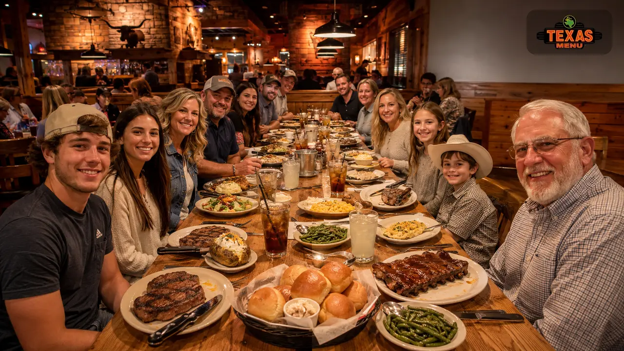 Large group dining at Texas Roadhouse with steaks, sides, drinks, and rolls served across a long family-style table.