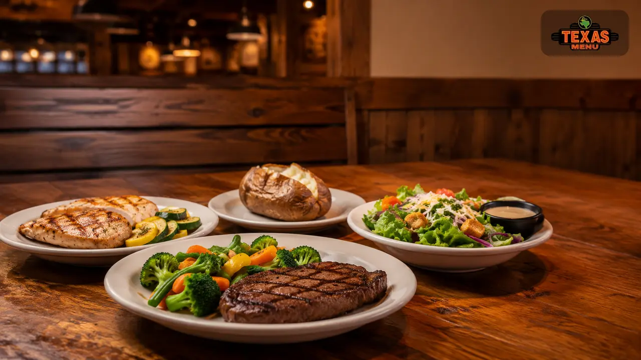 Texas Roadhouse healthy options with grilled chicken, sirloin, salad, and steamed vegetables on a restaurant table.
