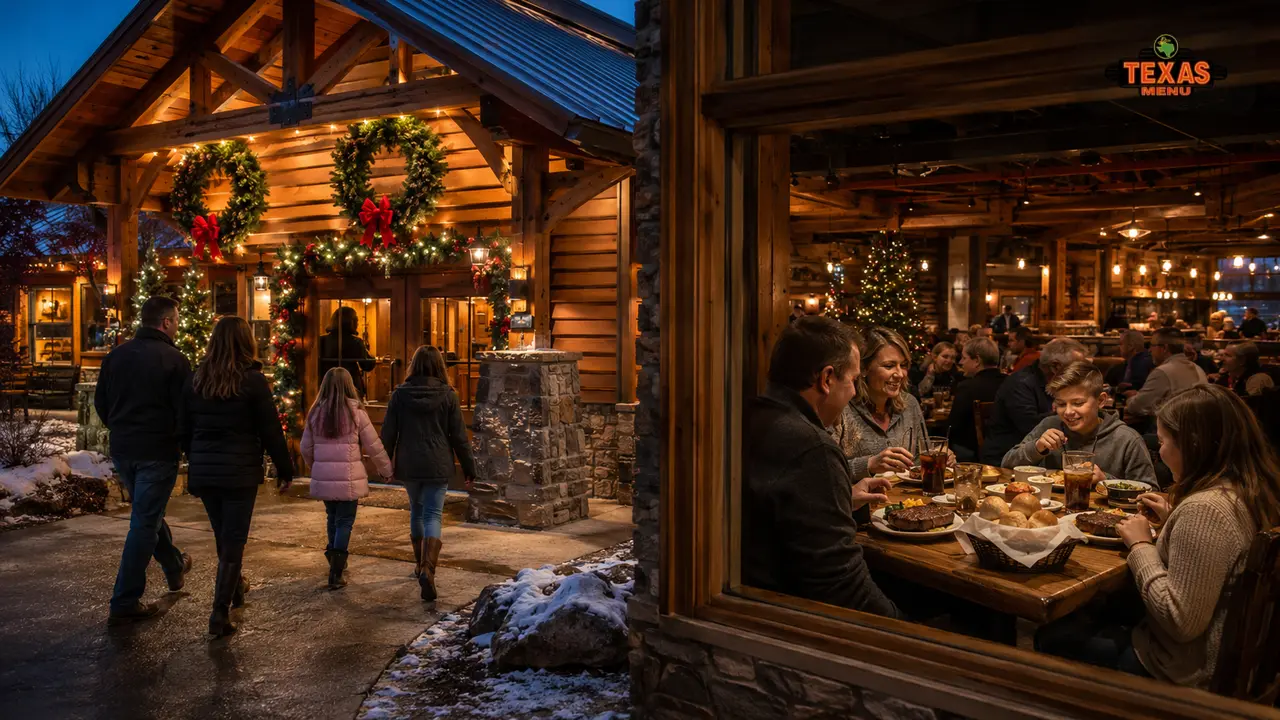 Texas Roadhouse restaurant decorated for the holidays with families dining inside and warm evening lighting.