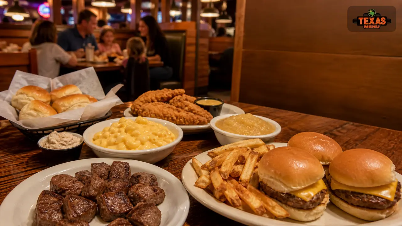 Texas Roadhouse kids menu meals with chicken tenders, mac and cheese, mini cheeseburgers, and sides on a family dinner table