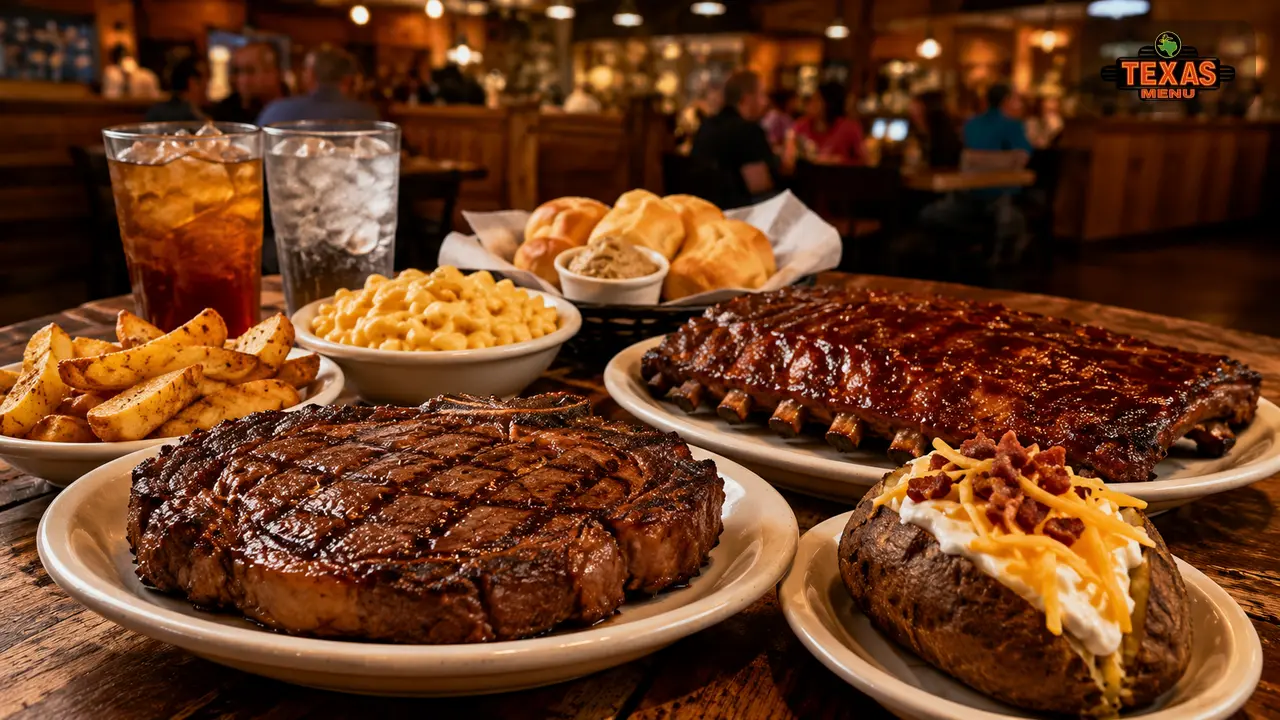 Large Texas Roadhouse meal portions with steak, ribs, sides, rolls, and drinks on a rustic restaurant table.