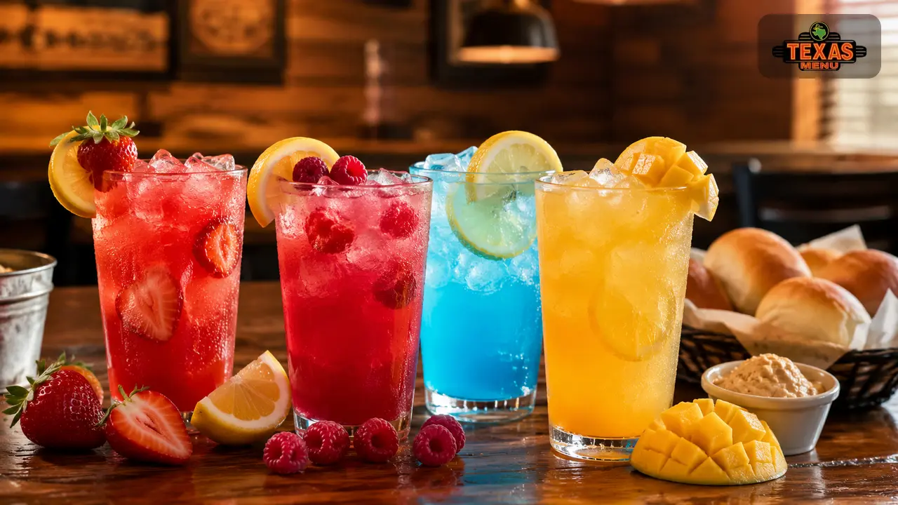 Texas Roadhouse lemonade flavors with strawberry, raspberry, and mango lemonades served on a rustic restaurant table.