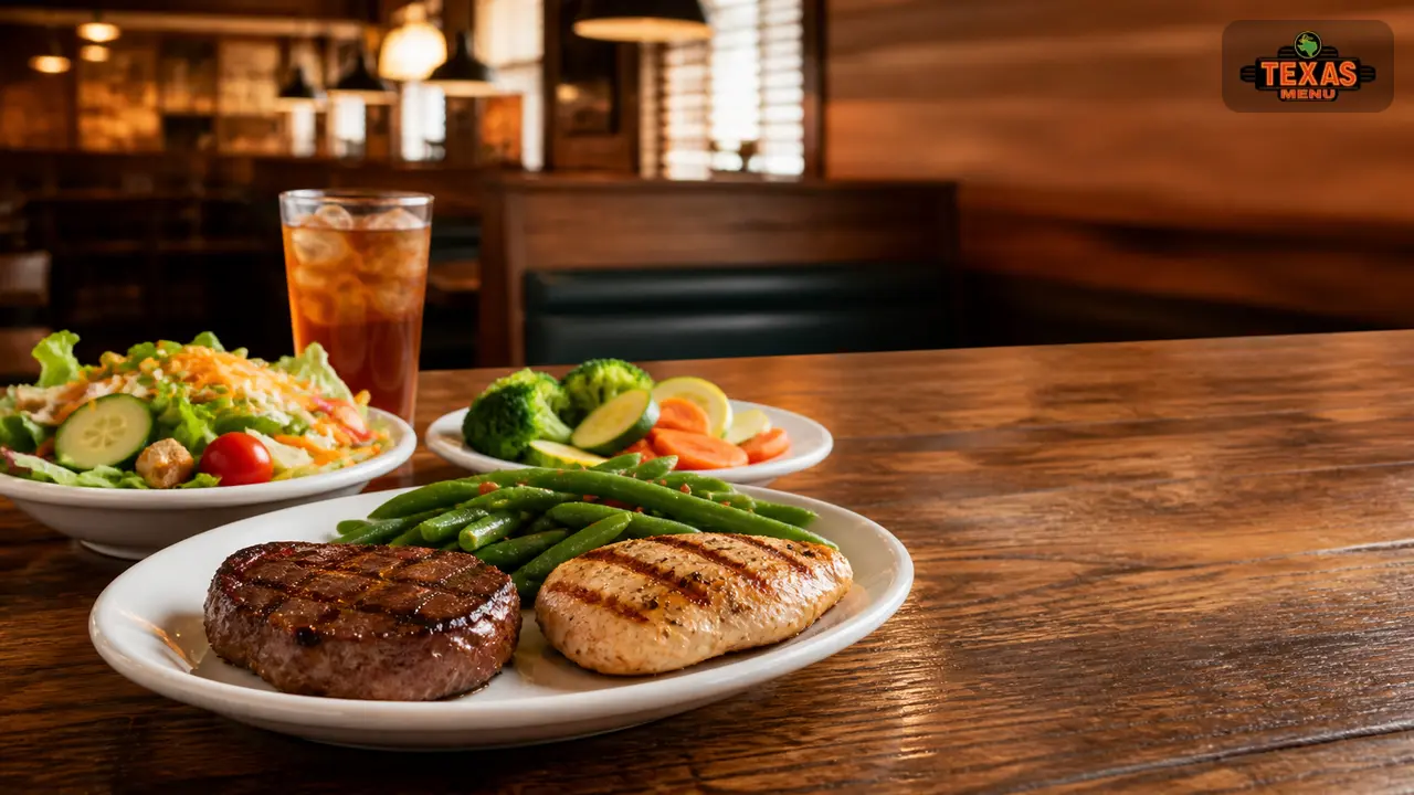 Texas Roadhouse lighter meal with sirloin, grilled chicken, green beans, and salad for calorie-conscious dining