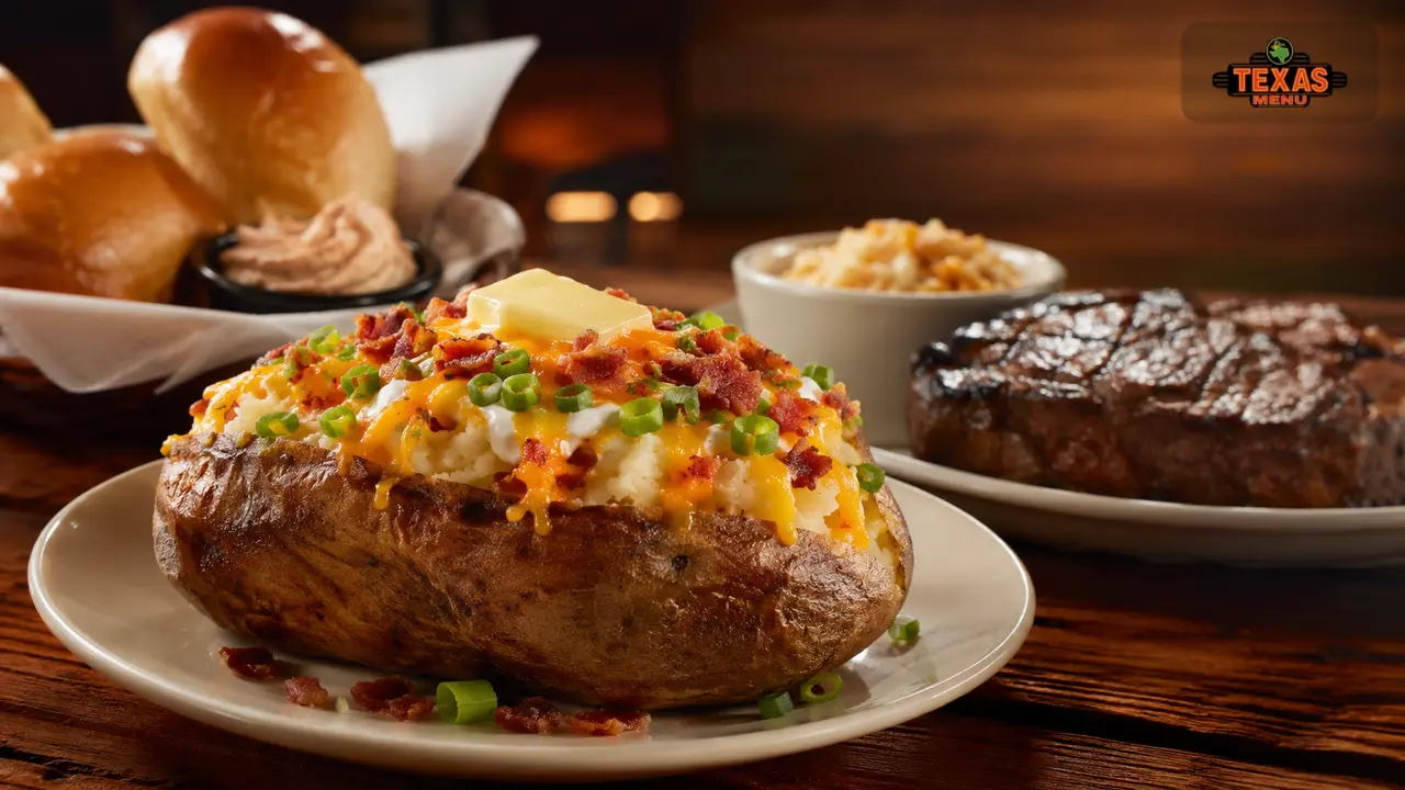 Texas Roadhouse baked potato loaded with cheese, bacon, sour cream, and butter on a restaurant table.