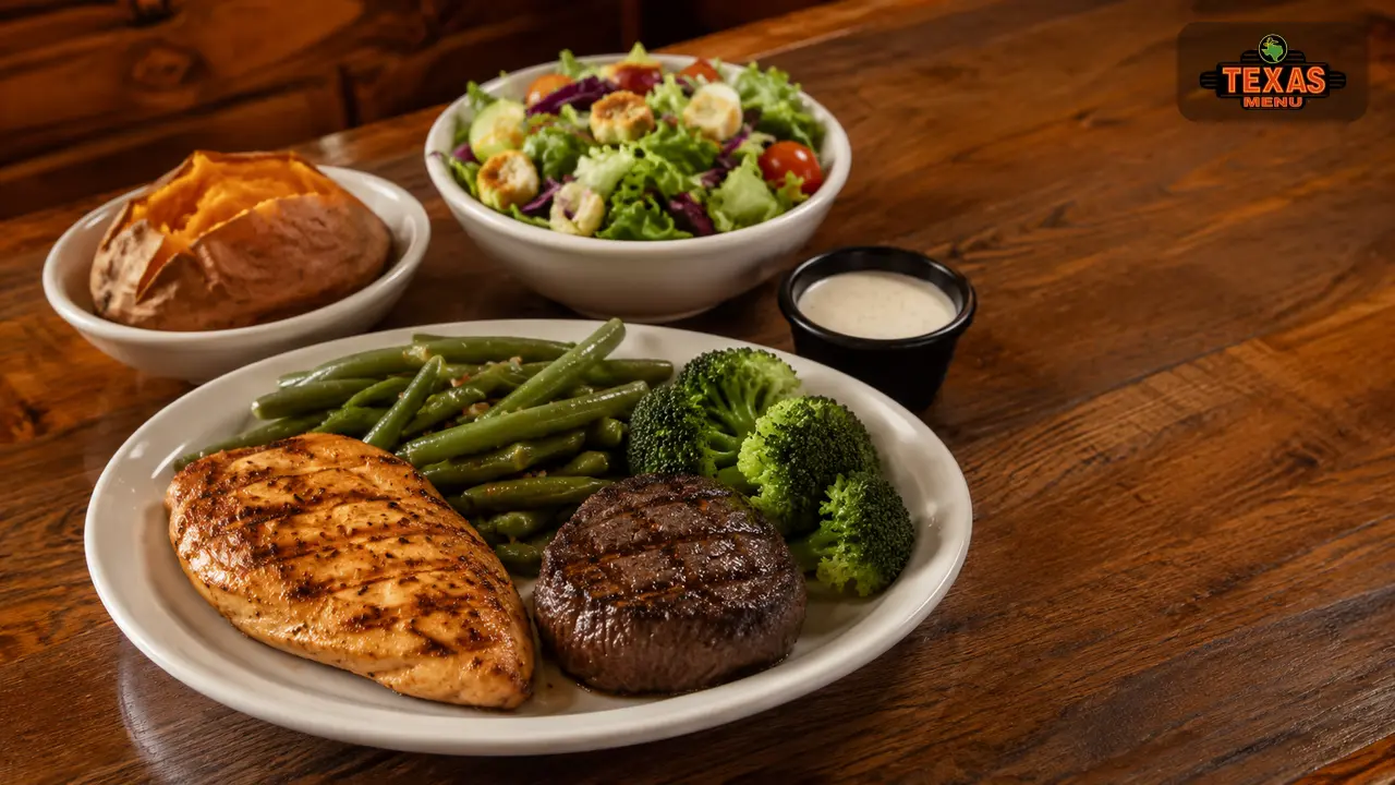 Low calorie Texas Roadhouse meals with grilled chicken, sirloin steak, salad, and steamed vegetables on a dining table.