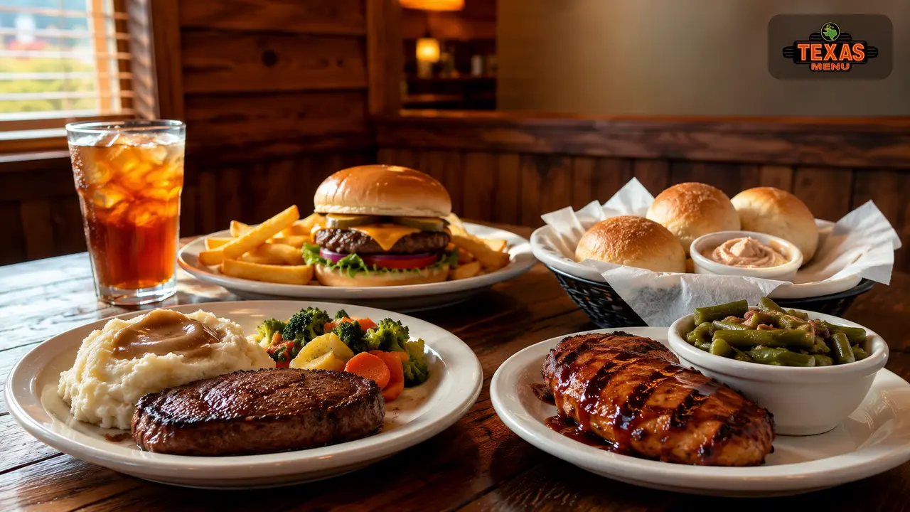 Texas Roadhouse lunch specials table with sirloin, grilled chicken, burger, sides, and fresh rolls