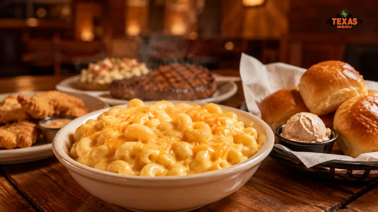 Texas Roadhouse mac and cheese served hot with creamy cheese sauce and fresh rolls on a rustic table.