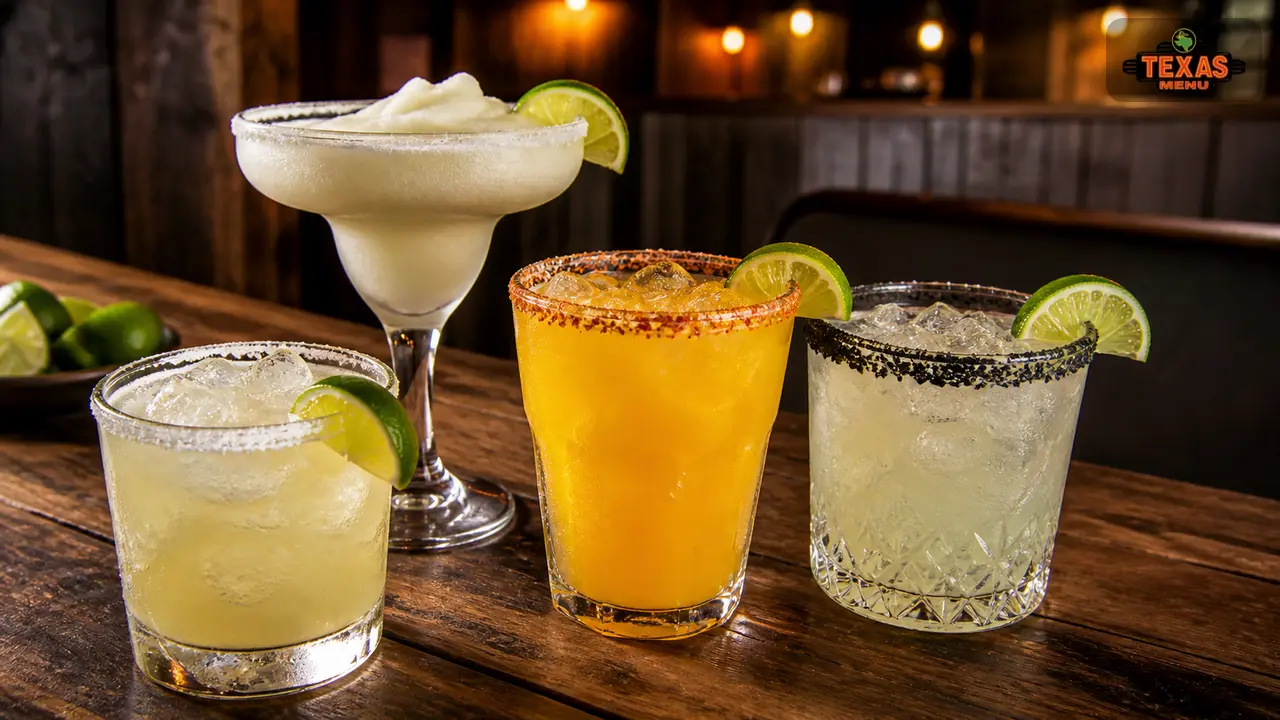 Texas Roadhouse margaritas in different flavors and styles on a steakhouse table