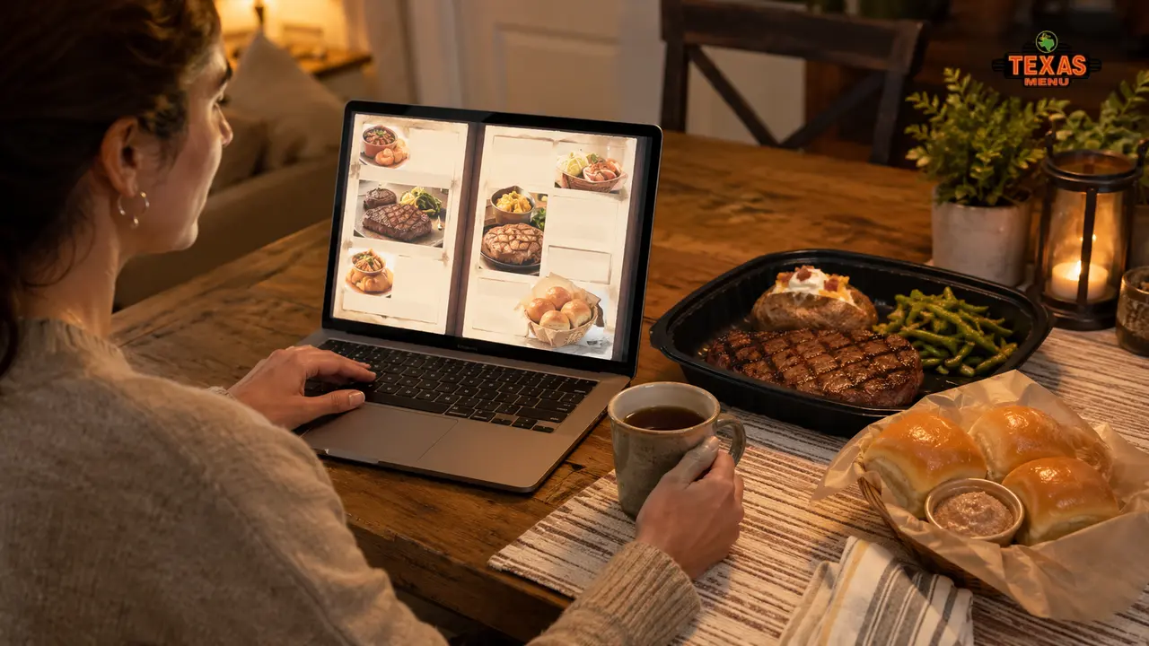 Person viewing the Texas Roadhouse menu PDF on a laptop beside a takeout meal and restaurant food.Person viewing the Texas Roadhouse menu PDF on a laptop beside a takeout meal and restaurant food.