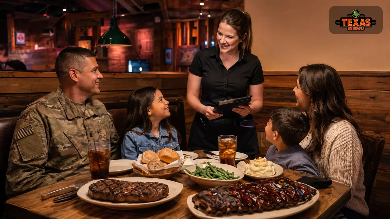 Military guest dining at Texas Roadhouse with steak, ribs, sides, and rolls on the table