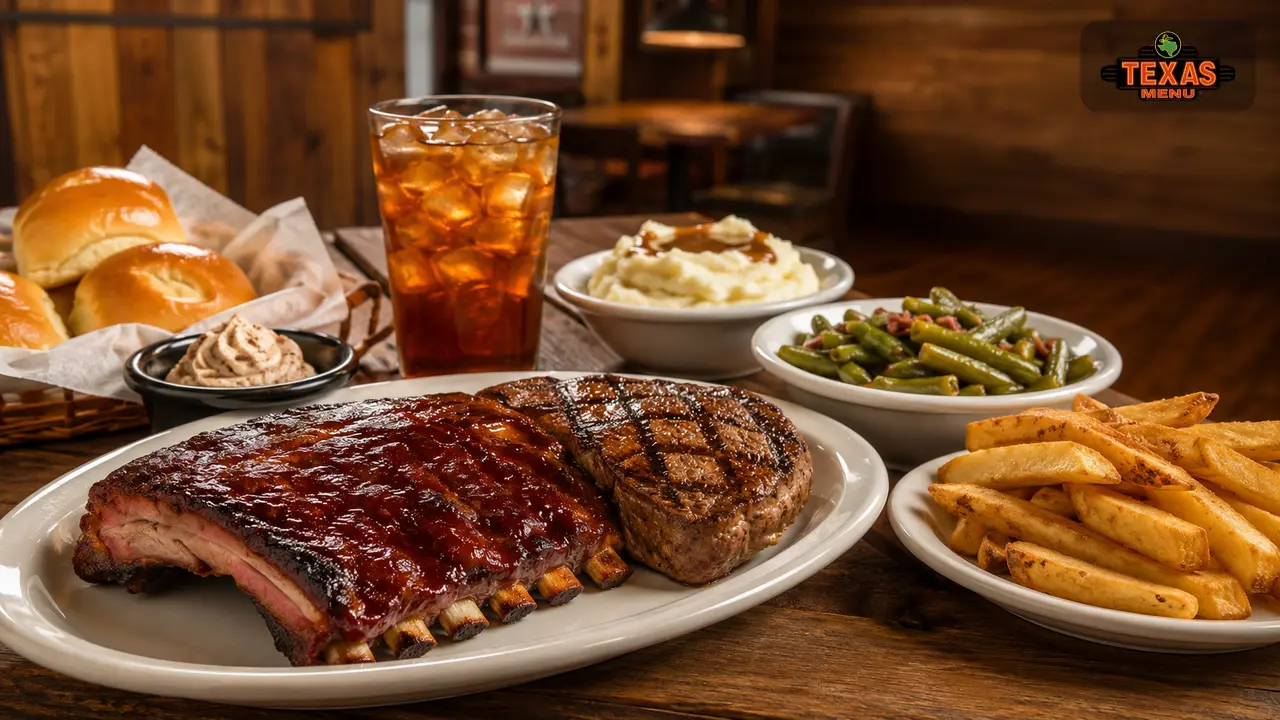 Texas Roadhouse Monday dinner with ribs, combo plates, sides, and fresh rolls on a rustic table