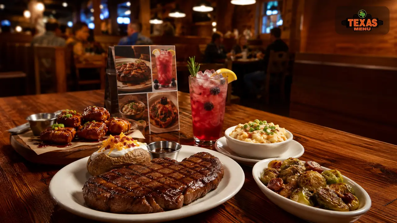 Texas Roadhouse menu changes with classic dishes, new food items, and a seasonal drink on a restaurant table.