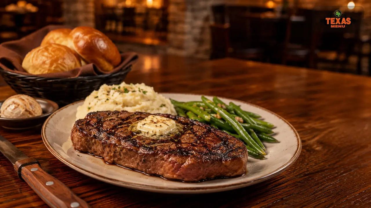 Texas Roadhouse New York Strip steak with mashed potatoes, green beans, and rolls on a steakhouse table.