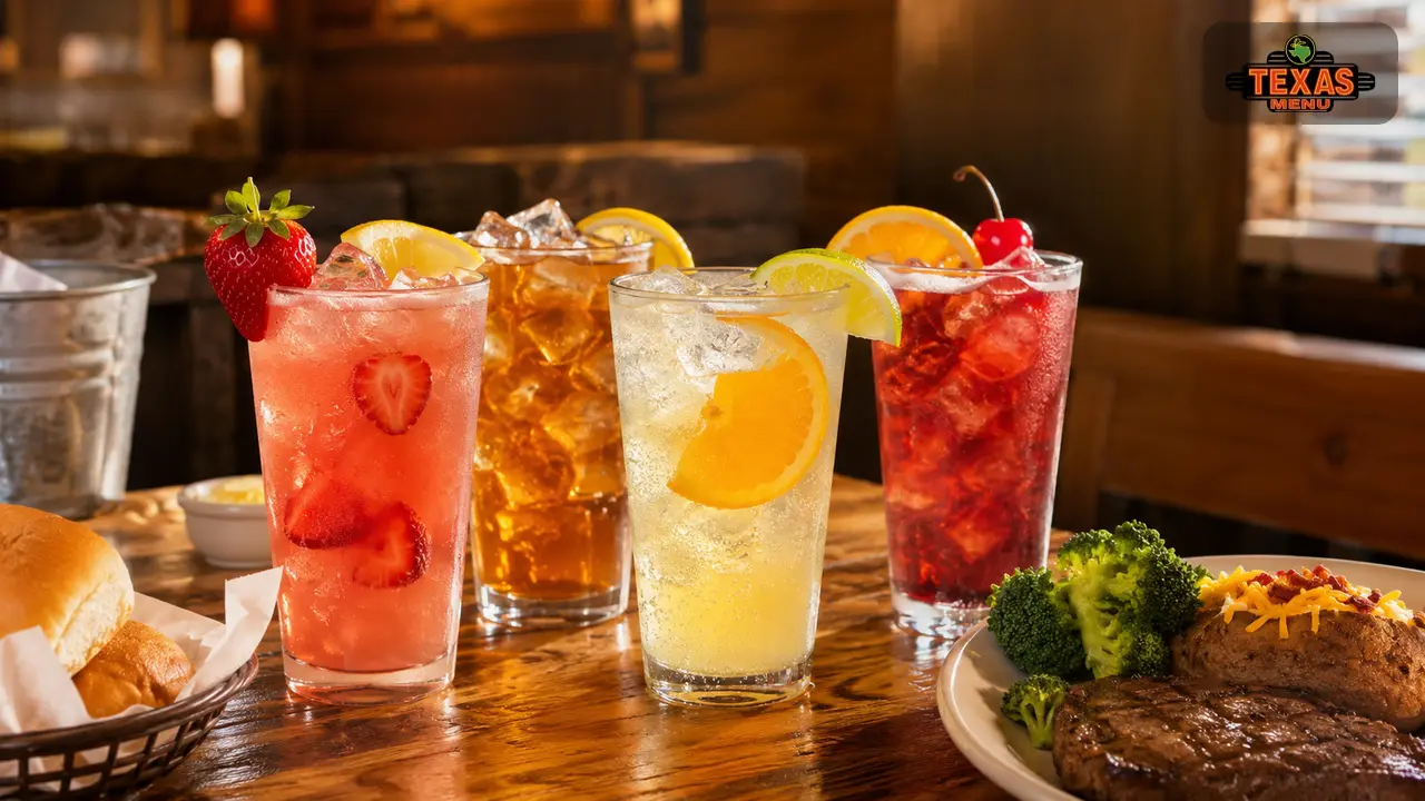 Texas Roadhouse mocktails and non-alcoholic drinks with lemonade, iced tea, and fruit-garnished beverages on a restaurant table.