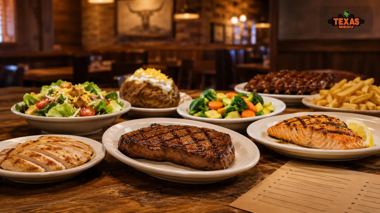 Texas Roadhouse nutrition guide with steak, grilled chicken, salmon, salad, vegetables, and balanced meal options on a table.