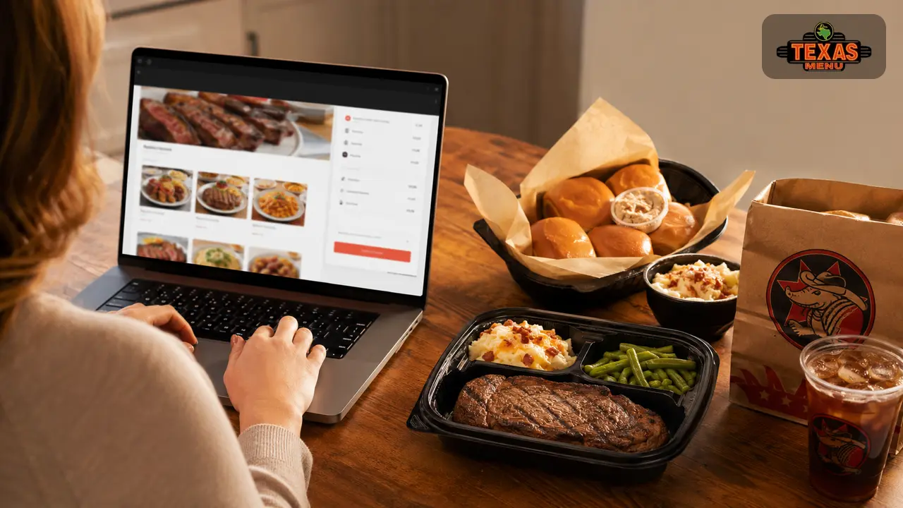 Person placing a Texas Roadhouse online order on a phone with takeout food and rolls on a table.