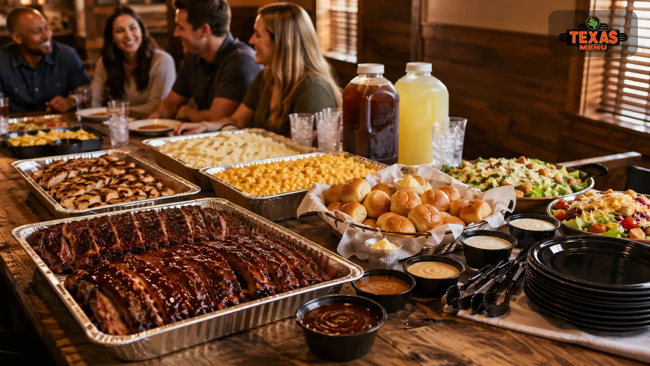 Texas Roadhouse party order with catering trays, ribs, steaks, sides, and rolls arranged for a group meal.