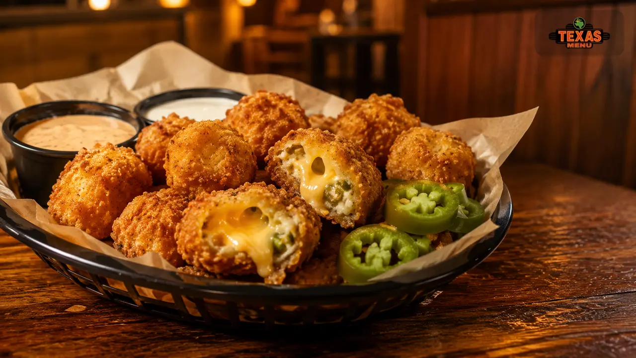Texas Roadhouse Rattlesnake Bites with melted cheese, jalapenos, and dipping sauce on a steakhouse table.