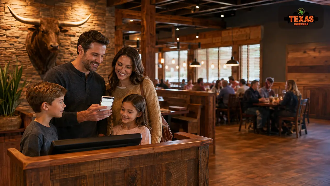 Family checking in for a Texas Roadhouse reservation using a smartphone near the restaurant host stand.