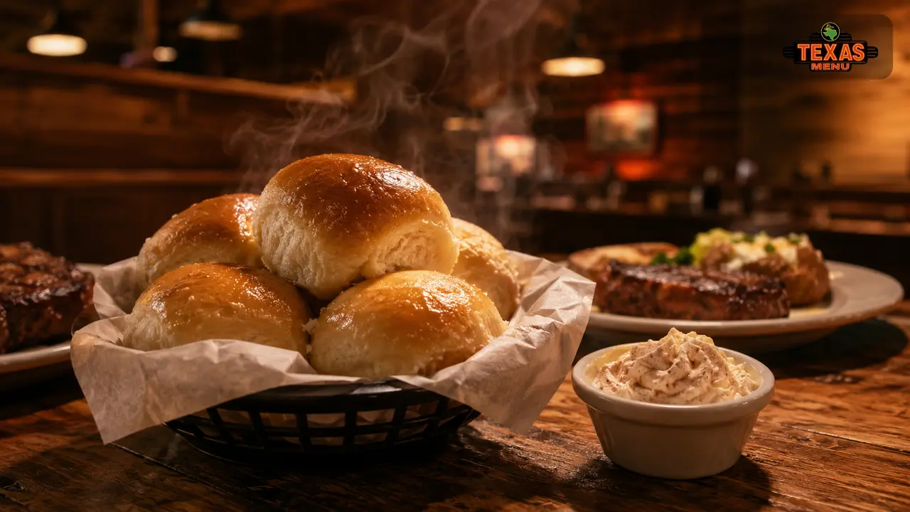 Fresh Texas Roadhouse rolls with cinnamon butter served in a basket on a rustic steakhouse table.