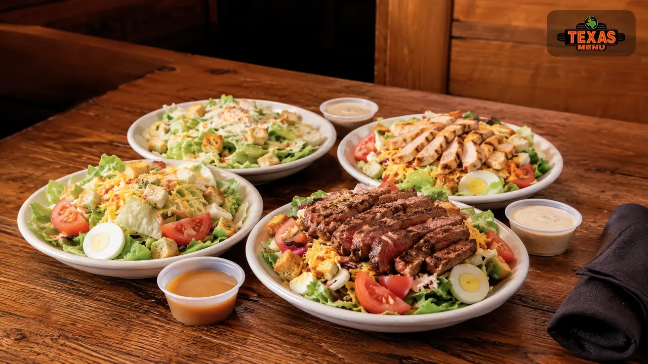 Texas Roadhouse salads menu with house salad, Caesar salad, grilled chicken salad, and steak salad on a restaurant table.