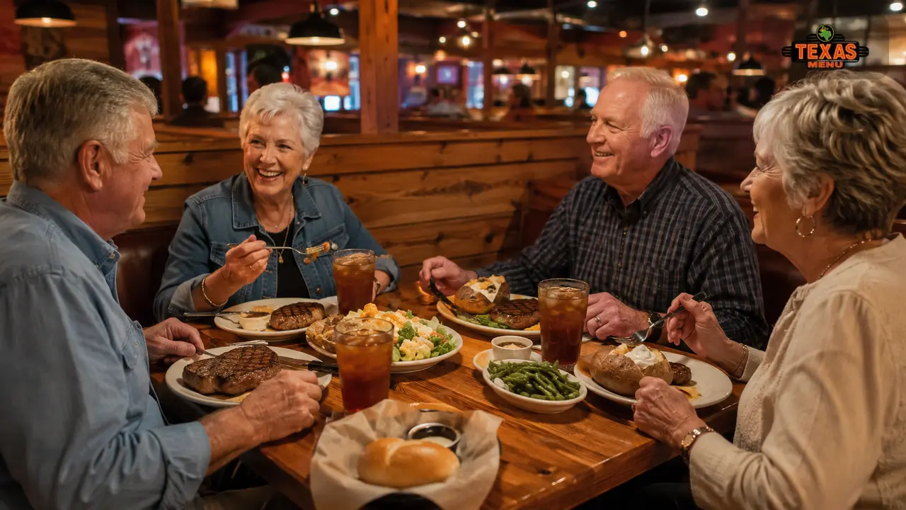 Older adults dining at Texas Roadhouse with steaks, baked potatoes, vegetables, and drinks on a restaurant table.