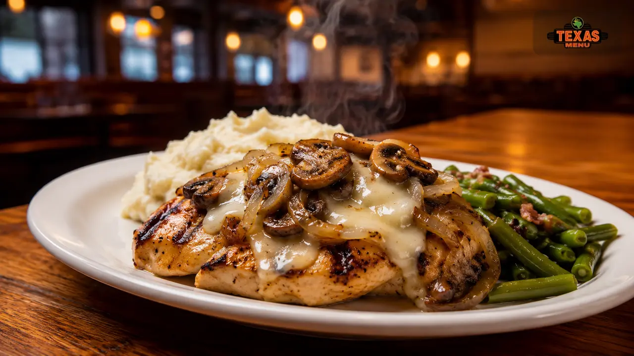 Texas Roadhouse smothered chicken with mushrooms, onions, mashed potatoes, and vegetables.Texas Roadhouse smothered chicken with mushrooms, onions, mashed potatoes, and vegetables.