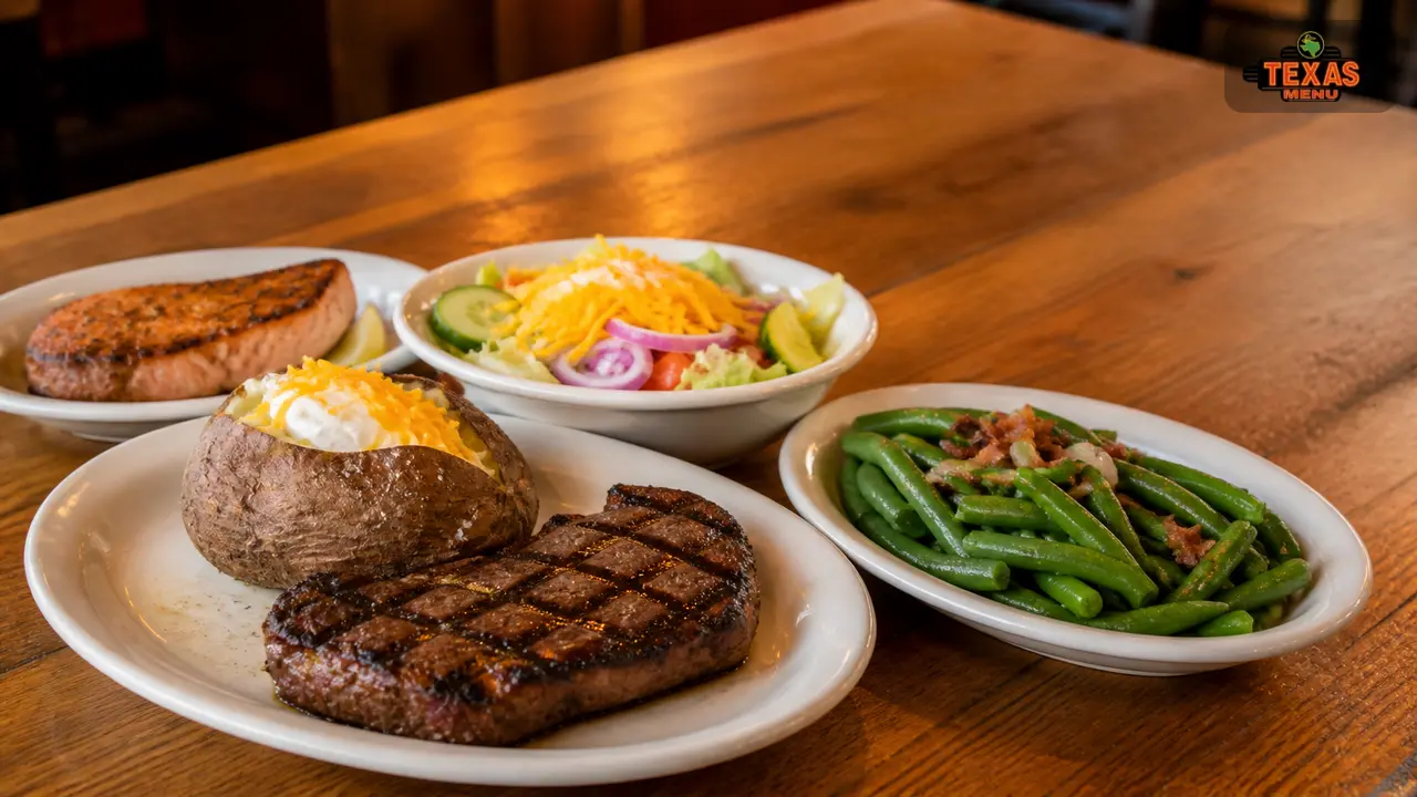 Texas Roadhouse gluten free menu meal with steak, baked potato, green beans, and salad
