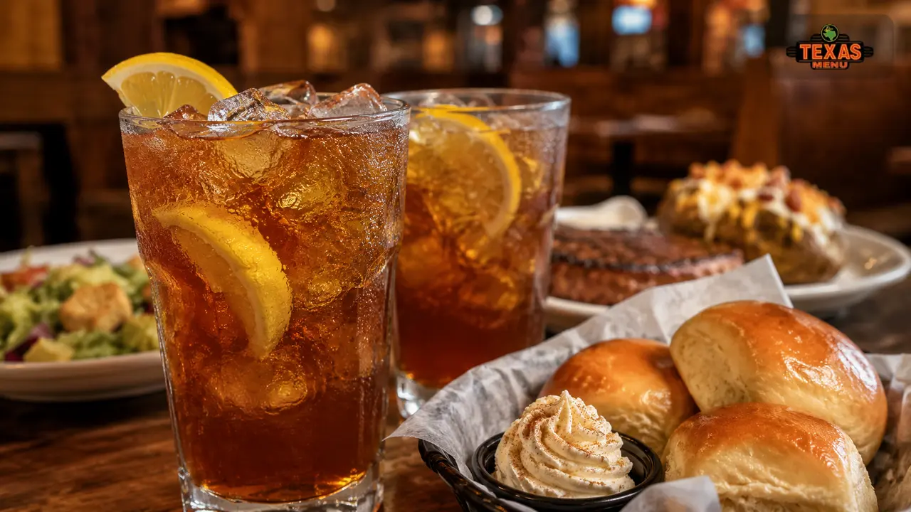 Texas Roadhouse sweet tea served with ice and lemon on a rustic steakhouse table.