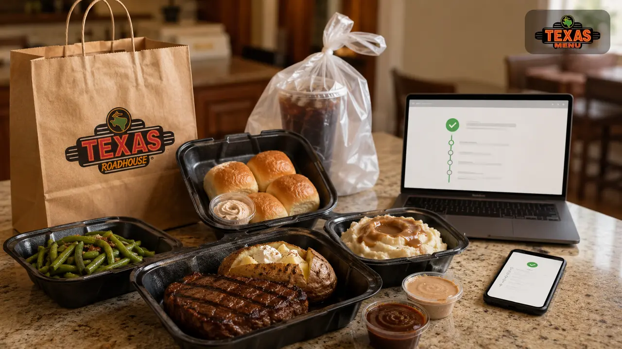 Texas Roadhouse to-go order with takeout containers, rolls, sides, and a phone showing an order confirmation.